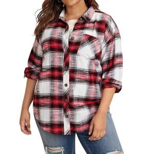 Maurices Cabin Boyfriend Tunic Shirt Womens XL Red Black Plaid Flannel Soft Cozy